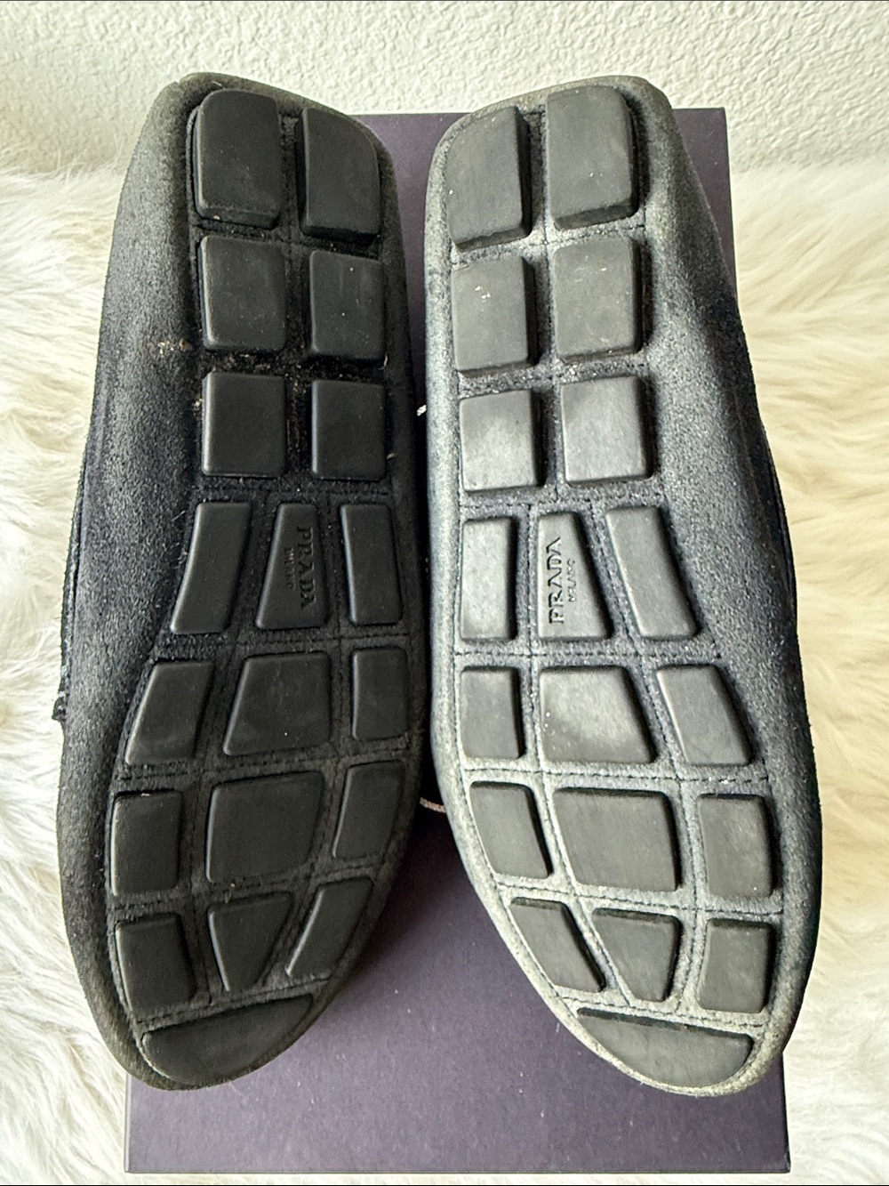 Prada Dark Navy Suede Women's Slip-On Loafers with Gold Logo - Picture 5 of 11